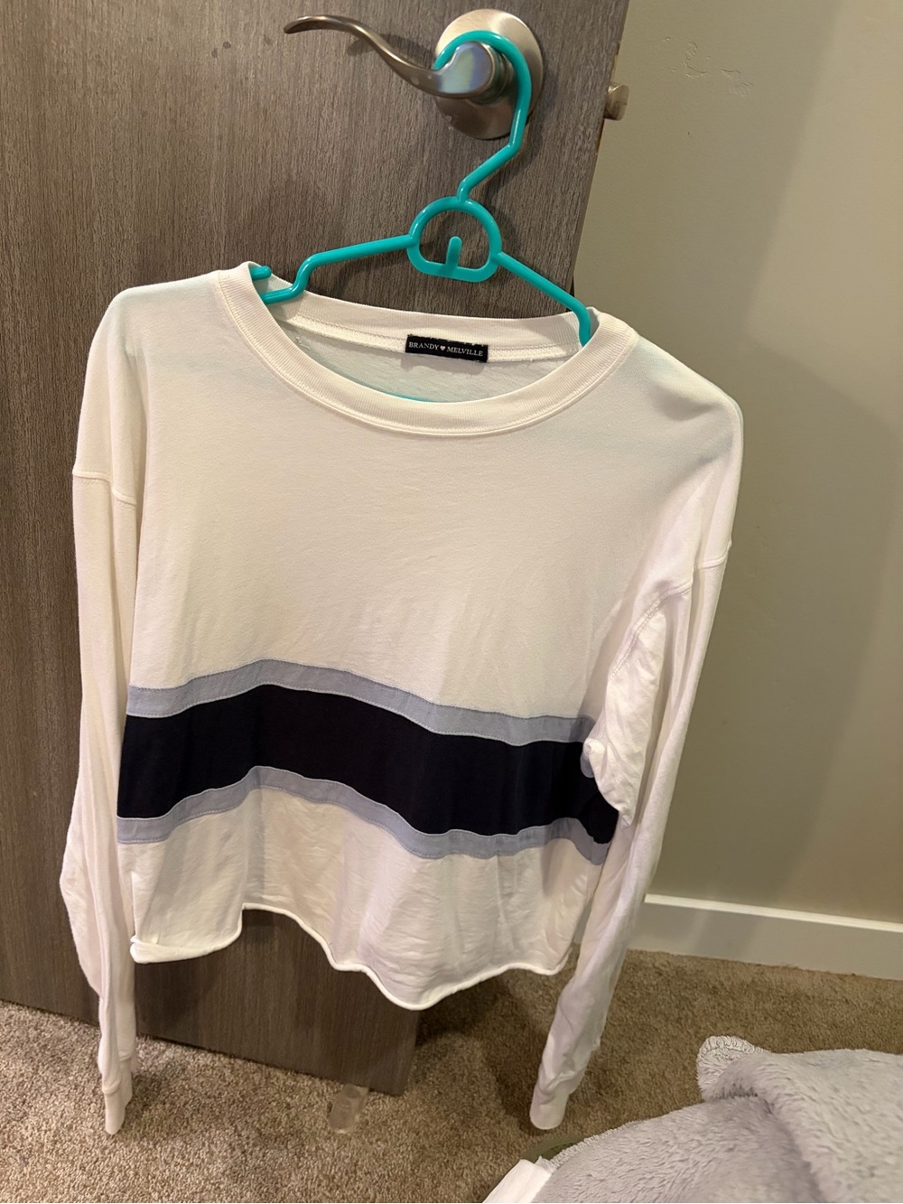 Brandy Melville White Long Sleeve Top with Blue Stripes